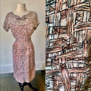 Vintage Mid Century Modern 1950's Bow Tie Print Midi Dress 50’s Pink Dress